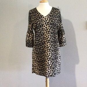 Belongsci Leopard Print V-Neck Lined Zipper Back Mini Shift Dress Medium